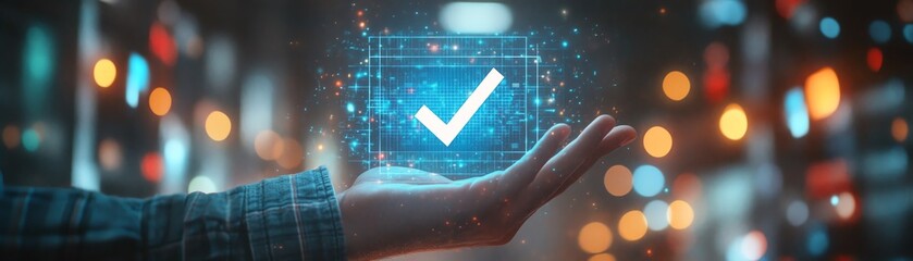 Aufkleber - Hand of a man touching a check symbol, verification mark, surrounded by digital documents, files, and a holographic technology interface