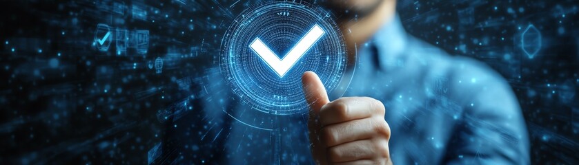Poster - Hand of a man touching a check symbol, verification mark, surrounded by digital documents, files, and a holographic technology interface