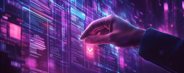 Aufkleber - Interactive technology background featuring a man s hand touching a verification check mark, digital documents, and holographic elements