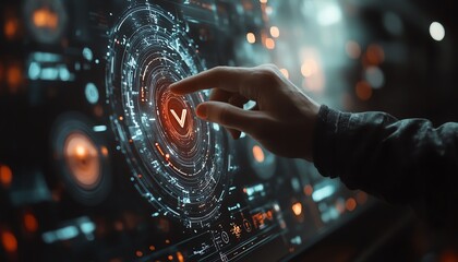 Aufkleber - Man s hand interacting with verification mark, check symbol, digital documents, hologram interface with a technology background and copy space