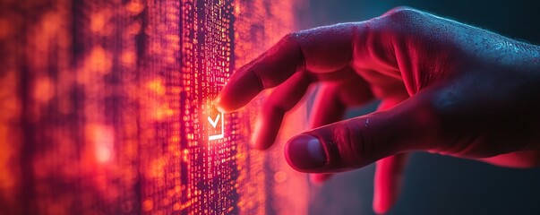Aufkleber - Mans hand pressing verification check symbol, digital files, documents, and holograms, modern technology background with copy space for text