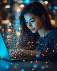 Poster - Remote work and digital networking concept, woman using a laptop with AI technology, social media marketing, and online business strategy
