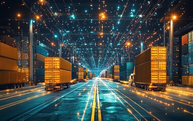 Poster - Technology interface for global business logistics, connecting international partners through a digital network, futuristic global connection concept