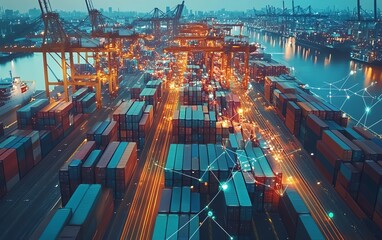 Poster - Technology interface for global business logistics, connecting international partners through a digital network, futuristic global connection concept