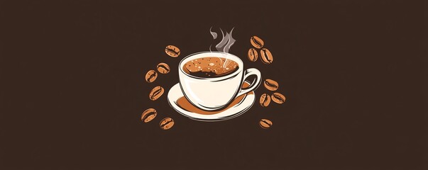 Wall Mural - Steaming cup of coffee surrounded by coffee beans on brown background