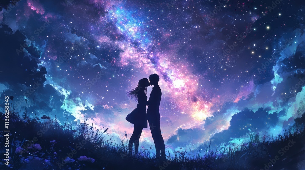 Starry Night Romance: Anime Couple Sharing a Kiss Under the Open Sky ...