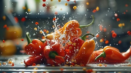 Canvas Print - Several peppers fall down.