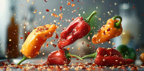 Canvas Print - Several peppers fall down.