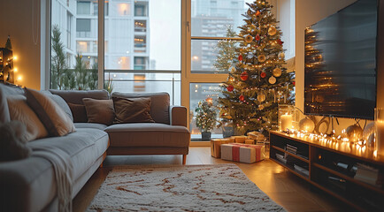 Wall Mural - A bright apartment, decorated with Christmas lights, couch.