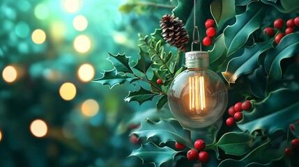 Wall Mural - Christmas light bulb hanging on holly leaves with pine cone and bokeh lights