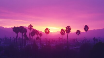 Wall Mural - Sunset in Palm Springs with a Matte Violet Color Grading Panorama. Background of palm trees and mountains. Location Coachella Valley in California, U.S.A.