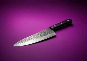 A chef’s knife on a bold purple surface