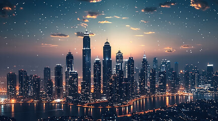 Aufkleber - A city skyline at night.