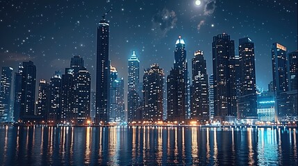 Aufkleber - A city skyline at night.