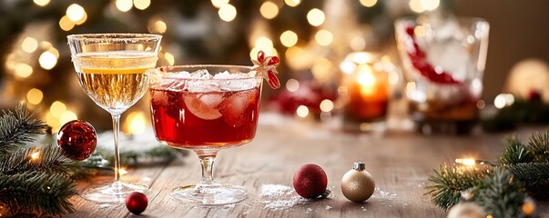 Wall Mural - Christmas cocktails sitting on table decorated with ornaments and string lights