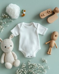 Wall Mural - White cotton baby bodysuit with short sleeves, placed with natural wooden toys on a light green background, soft and serene infant mockup