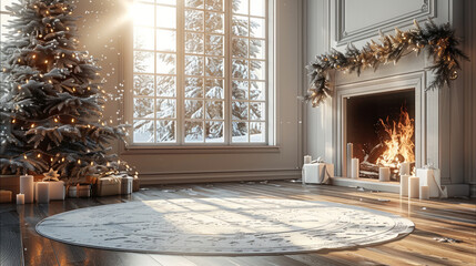 Wall Mural - Corner of a modern room with a Christmas theme, windows, natural light, fireplace, Christmas tree, wooden floor, imitation snow powder.