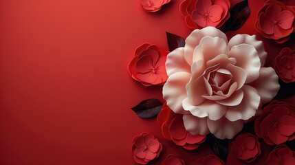 Poster - Red roses flower on red background. copy space. top view. creating a romantic atmosphere.