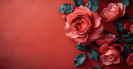 Poster - Red roses flower on red background. copy space. top view. creating a romantic atmosphere.