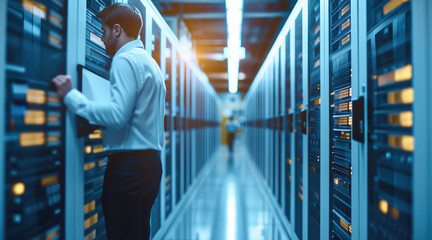 Fototapete - A corporate setting showcasing an efficient file management system, with workers accessing documentation databases online.