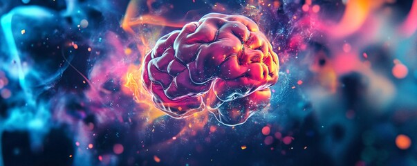 Poster - Human brain floating in colorful abstract smoke and light particles