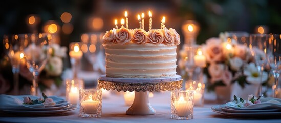 Romantic birthday cake with candles on a table.