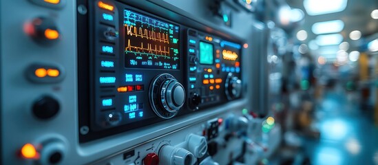 Close-up of medical equipment control panel with digital displays and knobs.