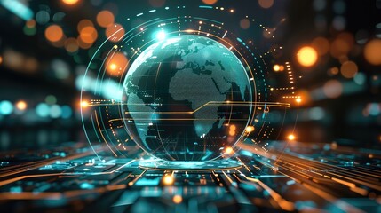 Leinwandbilder - A glowing, holographic globe surrounded by interconnected digital pathways, symbolizing global operations. In the background, innovation and the automotive industry. Dynamic, sleek.