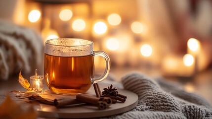 Wall Mural - Steaming cup of tea creating cozy atmosphere with candles and knitted blanket