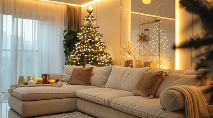 Wall Mural - A bright apartment, decorated with Christmas lights, couch.