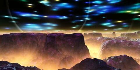 Wall Mural - Beautiful alien landscape, surface of volcanic alien planet, 3d rendering