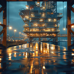 Fototapete - An oil rig logistics hub, with steel structures, industrial lighting.