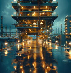 Fototapete - An oil rig logistics hub, with steel structures, industrial lighting.
