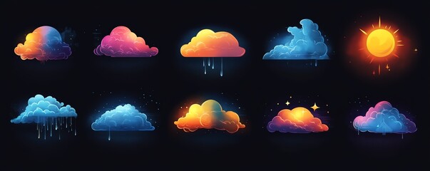 a collection of weather icons in vibrant hues, showing sunshine, rain, clouds, and a night sky, each