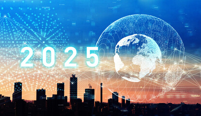 Aufkleber - Modern city and global communication network concept. 2025 New Year concept. New year's card 2025.