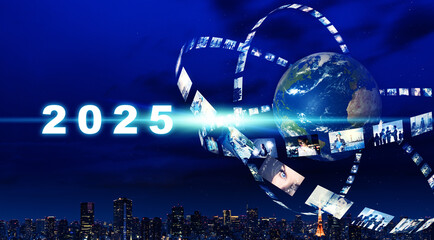 Poster - Digital contents and global communication network concept. 2025 New Year concept. New year's card 2025.