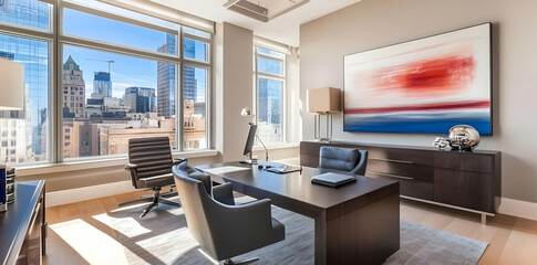 Modern office space with city view, featuring a desk, chairs, and abstract art.