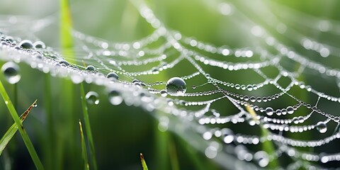 Spider dew web connection trap in morning raining drops decorative background view