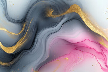 Wall Mural - A luxurious banner featuring swirls of grey, pink, and gold liquid art textures blending seamlessly, creating an elegant, fluid design