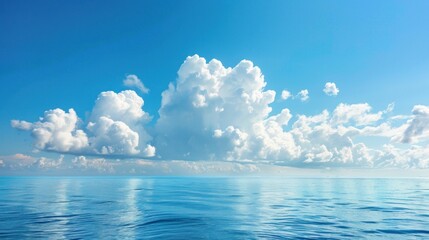 Poster - serene ocean landscape, clear blue sky with fluffy clouds, calm water surface reflecting the sky, perfect for relaxation and tranquility Ideal for nature and travel themes