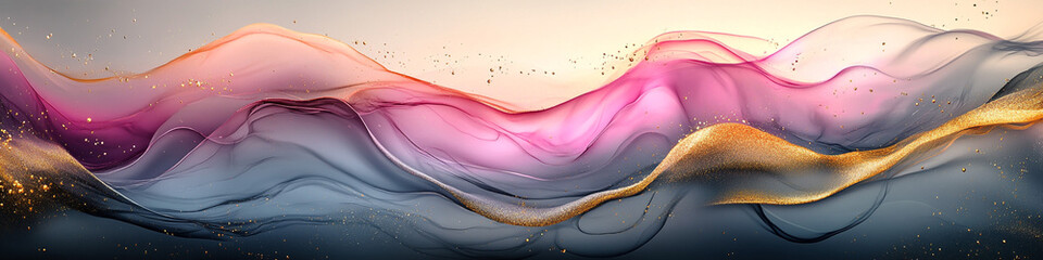 Wall Mural - A sophisticated banner with rippling waves of grey, pink, and gold liquid textures, capturing the essence of fluid art