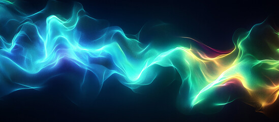 Wall Mural - Abstract neon waves in vibrant blue and green, glowing edges creating a fluid energy flow