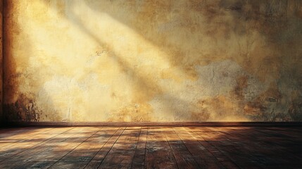 Aufkleber - Sunlight illuminating grunge wall in empty room with wooden floor