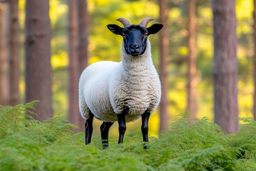 a ewe standing near a patch of sunlit bracken, with a dense forest in the background