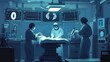 © Hardy - Operating room scene focusing on a robotic surgical system, surgeons controlling robotic arms, monitors showing internal views