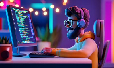 A 3D character coding on a computer with headphones.