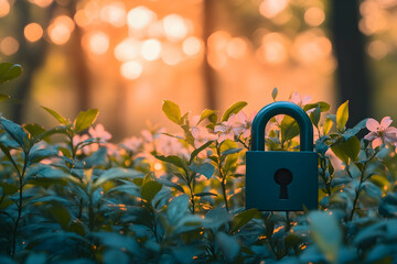 Wall Mural - Padlock nestled in blooming greenery at sunset.