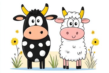 Leinwandbilder - A minimalist illustration of a cow and a ewe standing side by side, drawn with simple lines and neutral tones on a clean white background