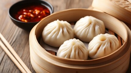 Sticker - Steamed dumplings in bamboo basket, served with chili sauce, wooden background, traditional Asian cuisine, savory snack