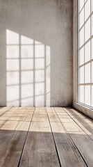 Poster - Sunlight illuminating empty room with wooden floor and concrete wall